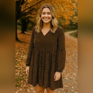 Brown Polka Dot Tiered Boho Dress/Tunic Casual Work Schhol